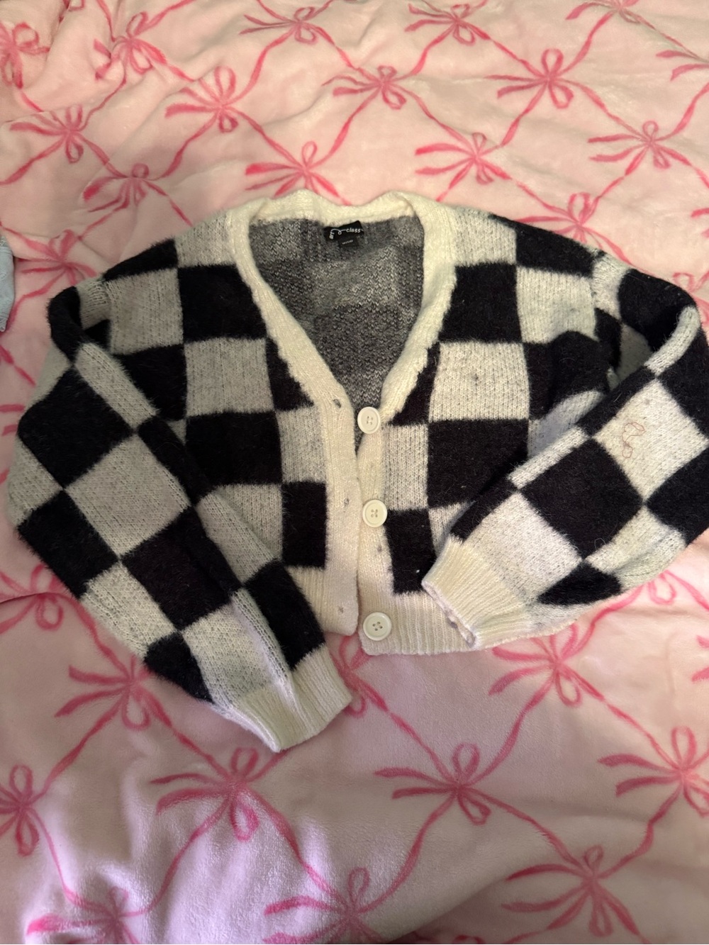 art class Black & White Checkered Cropped Cardigan